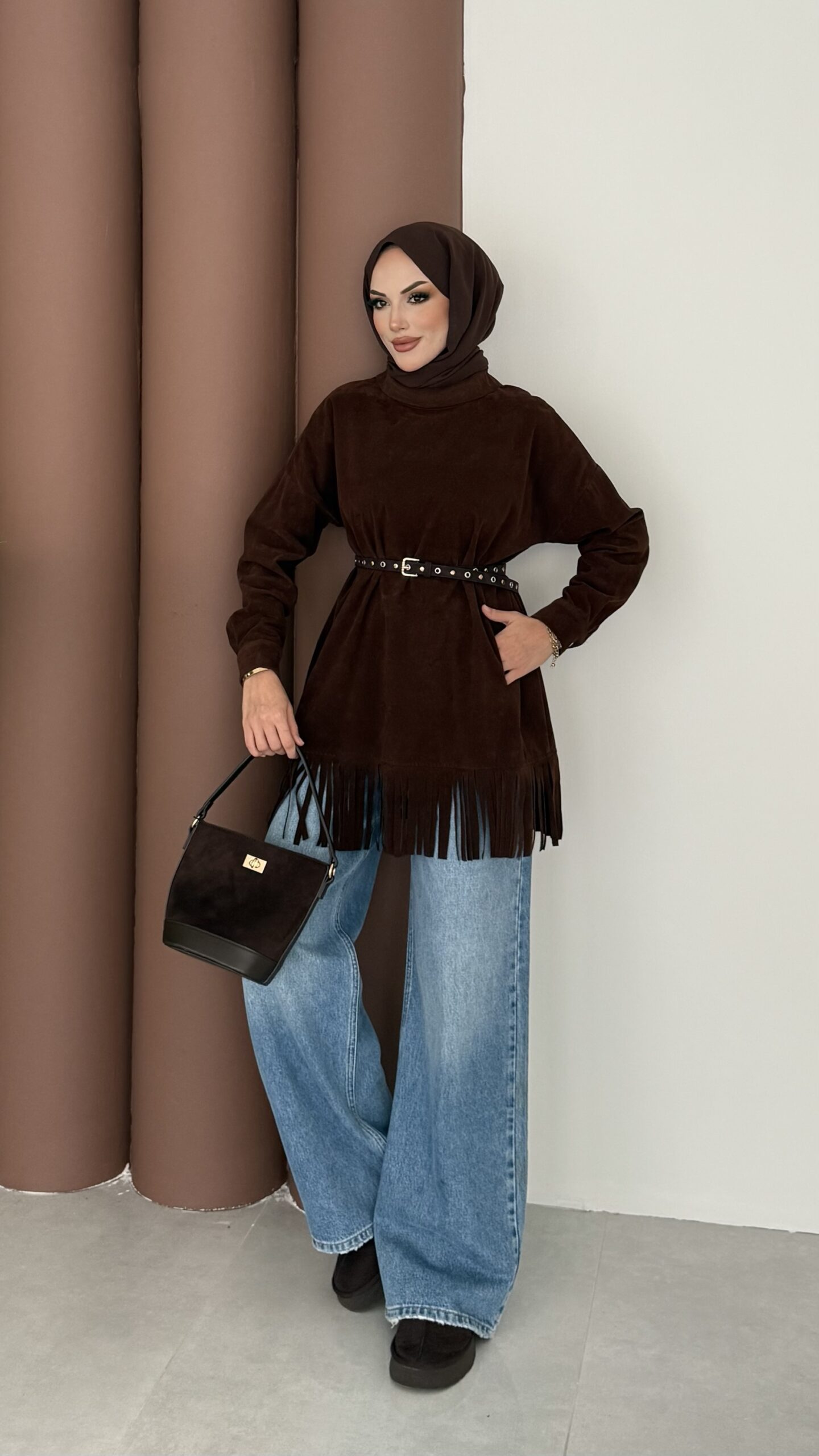 Autumn Süet Fırfırlı Tunik - Kahverengi