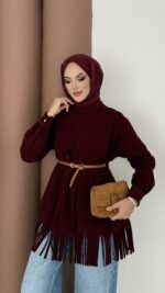 Autumn Süet Fırfırlı Tunik - Bordo - Görsel 8