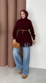 Autumn Süet Fırfırlı Tunik - Bordo - Görsel 4