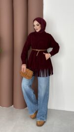 Autumn Süet Fırfırlı Tunik - Bordo - Görsel 2