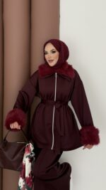 Luxury Kürklü Scuba İkli Takım - Bordo - Görsel 4