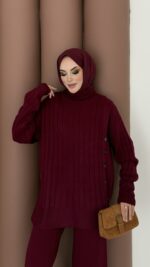 Sık Örme Fitilli Triko Takım - Bordo - Görsel 8