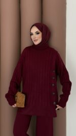 Sık Örme Fitilli Triko Takım - Bordo - Görsel 6