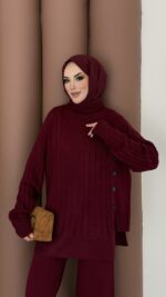 Sık Örme Fitilli Triko Takım - Bordo - Görsel 7