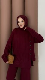 Sık Örme Fitilli Triko Takım - Bordo - Görsel 5