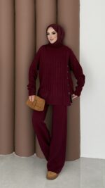 Sık Örme Fitilli Triko Takım - Bordo - Görsel 4