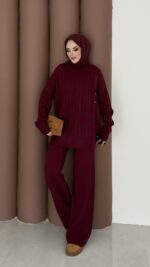 Sık Örme Fitilli Triko Takım - Bordo - Görsel 2