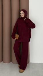 Sık Örme Fitilli Triko Takım - Bordo