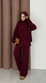 Sık Örme Fitilli Triko Takım - Bordo - Görsel 3