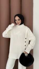 Sık Örme Fitilli Triko Takım - Beyaz - Görsel 6