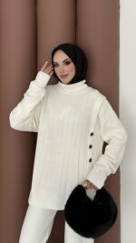 Sık Örme Fitilli Triko Takım - Beyaz - Görsel 5