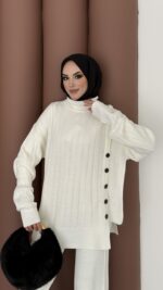 Sık Örme Fitilli Triko Takım - Beyaz - Görsel 4