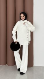 Sık Örme Fitilli Triko Takım - Beyaz - Görsel 3