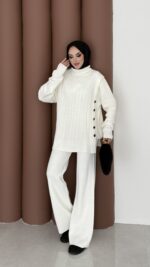 Sık Örme Fitilli Triko Takım - Beyaz - Görsel 2