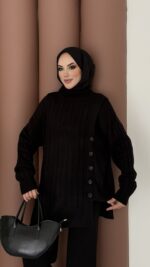 Sık Örme Fitilli Triko Takım - Siyah - Görsel 4