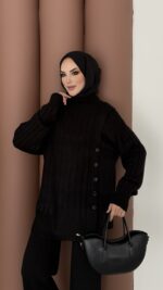 Sık Örme Fitilli Triko Takım - Siyah - Görsel 3