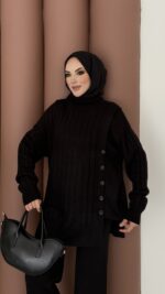 Sık Örme Fitilli Triko Takım - Siyah - Görsel 5