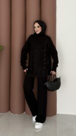 Sık Örme Fitilli Triko Takım - Siyah - Görsel 2