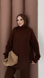 Sık Örme Fitilli Triko Takım - Kahverengi - Görsel 6