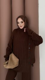 Sık Örme Fitilli Triko Takım - Kahverengi - Görsel 4