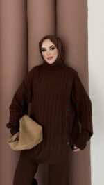 Sık Örme Fitilli Triko Takım - Kahverengi - Görsel 3