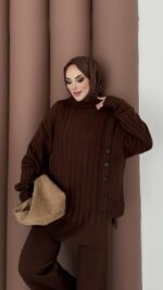 Sık Örme Fitilli Triko Takım - Kahverengi - Görsel 5