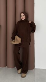 Sık Örme Fitilli Triko Takım - Kahverengi