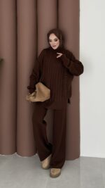 Sık Örme Fitilli Triko Takım - Kahverengi - Görsel 2