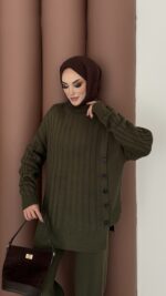 Sık Örme Fitilli Triko Takım - Haki - Görsel 5