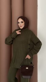 Sık Örme Fitilli Triko Takım - Haki - Görsel 4