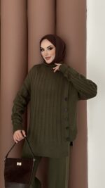 Sık Örme Fitilli Triko Takım - Haki - Görsel 6