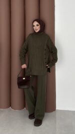 Sık Örme Fitilli Triko Takım - Haki - Görsel 2