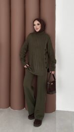 Sık Örme Fitilli Triko Takım - Haki