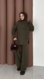 Sık Örme Fitilli Triko Takım - Haki - Görsel 3