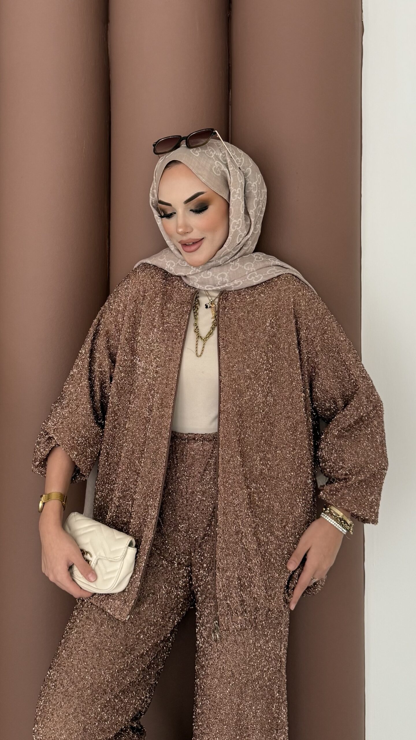 Glitter Bomber İkili Takım - Kahverengi