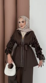 Diamond Taşlı Büzgülü Scuba İkili Takım - Kahverengi - Görsel 5