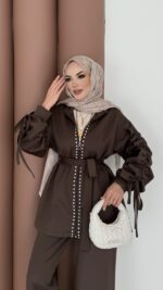 Diamond Taşlı Büzgülü Scuba İkili Takım - Kahverengi - Görsel 7