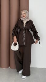 Diamond Taşlı Büzgülü Scuba İkili Takım - Kahverengi - Görsel 2