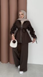 Diamond Taşlı Büzgülü Scuba İkili Takım - Kahverengi - Görsel 4