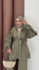 Diamond Taşlı Büzgülü Scuba İkili Takım - Yağ Yeşil - Görsel 5