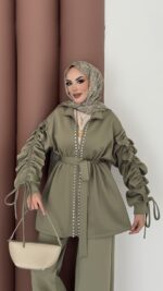 Diamond Taşlı Büzgülü Scuba İkili Takım - Yağ Yeşil - Görsel 4