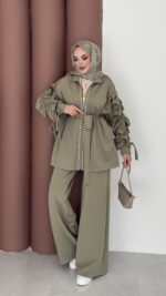 Diamond Taşlı Büzgülü Scuba İkili Takım - Yağ Yeşil - Görsel 3