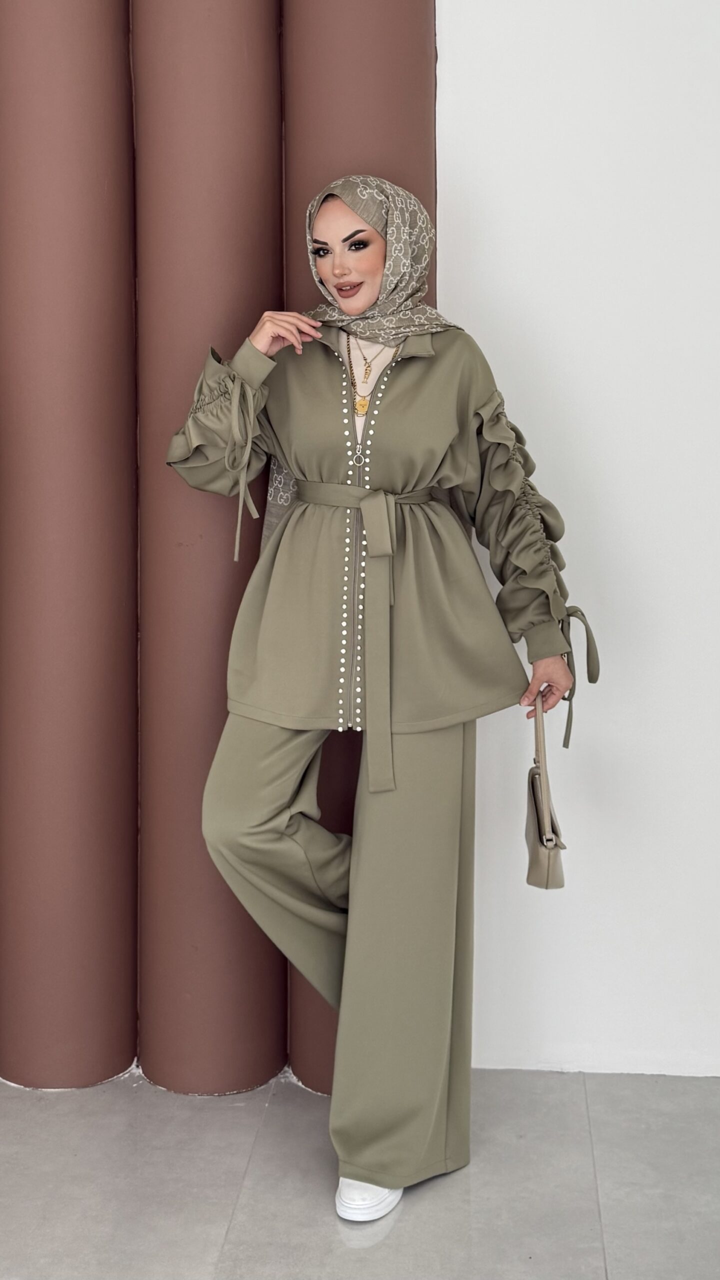 Diamond Taşlı Büzgülü Scuba İkili Takım - Yağ Yeşil