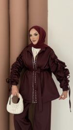 Diamond Taşlı Büzgülü Scuba İkili Takım - Bordo - Görsel 4