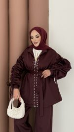 Diamond Taşlı Büzgülü Scuba İkili Takım - Bordo - Görsel 5