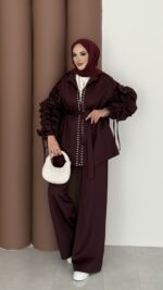 Diamond Taşlı Büzgülü Scuba İkili Takım - Bordo - Görsel 3