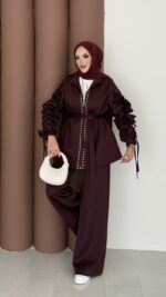 Diamond Taşlı Büzgülü Scuba İkili Takım - Bordo - Görsel 2