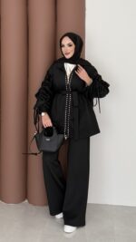 Diamond Taşlı Büzgülü Scuba İkili Takım - Siyah