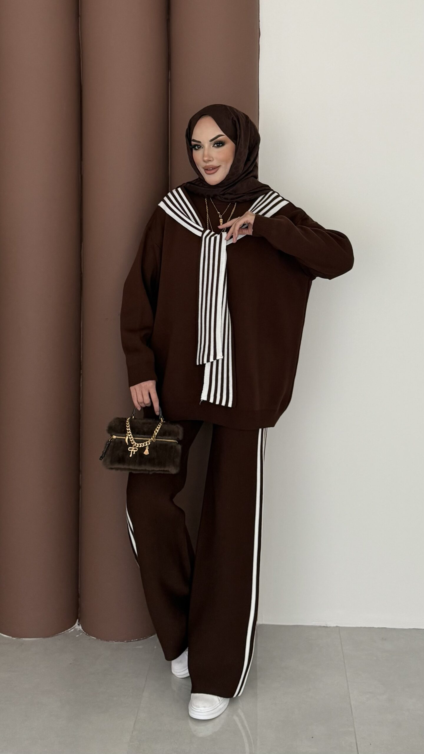 Rally Çizgili Triko İkili Takım - Kahverengi