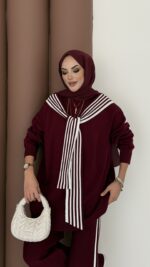 Rally Çizgili Triko İkili Takım - Bordo - Görsel 5